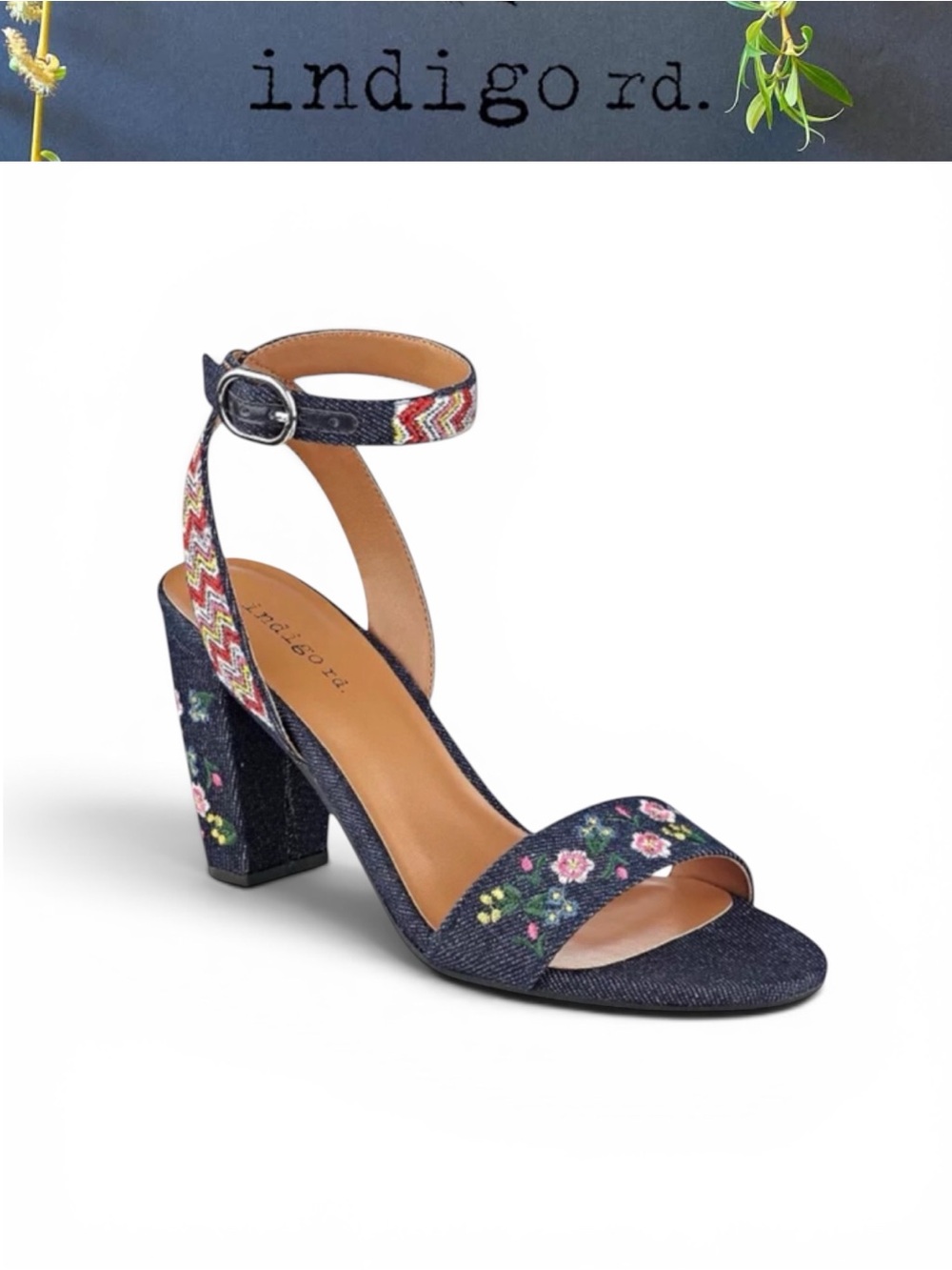 INDIGO RD. BADIE FLORAL EMBROIDERED DENIM BLOCK HEELS SANDALS BOHO SIZE 8.5 NWOT